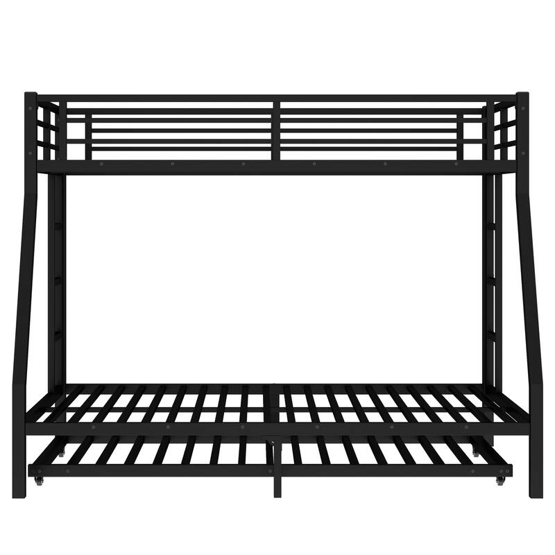 Metal Bed Frame Twin Over Full Bunk Bed with Twin Size Trundle Bed, Built-in Ladder and Full-Length Guardrails for Kids