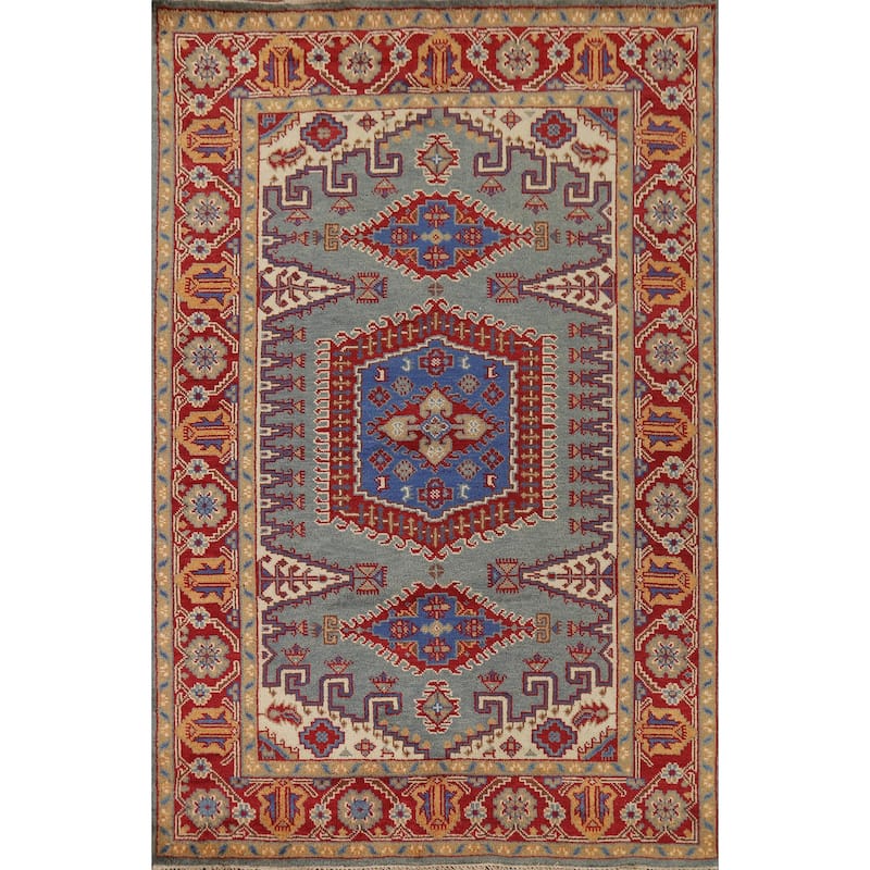 Geometric Heriz Serapi Indian Area Rug Hand-Knotted Blue Wool Carpet - 6'0" x 9'0"