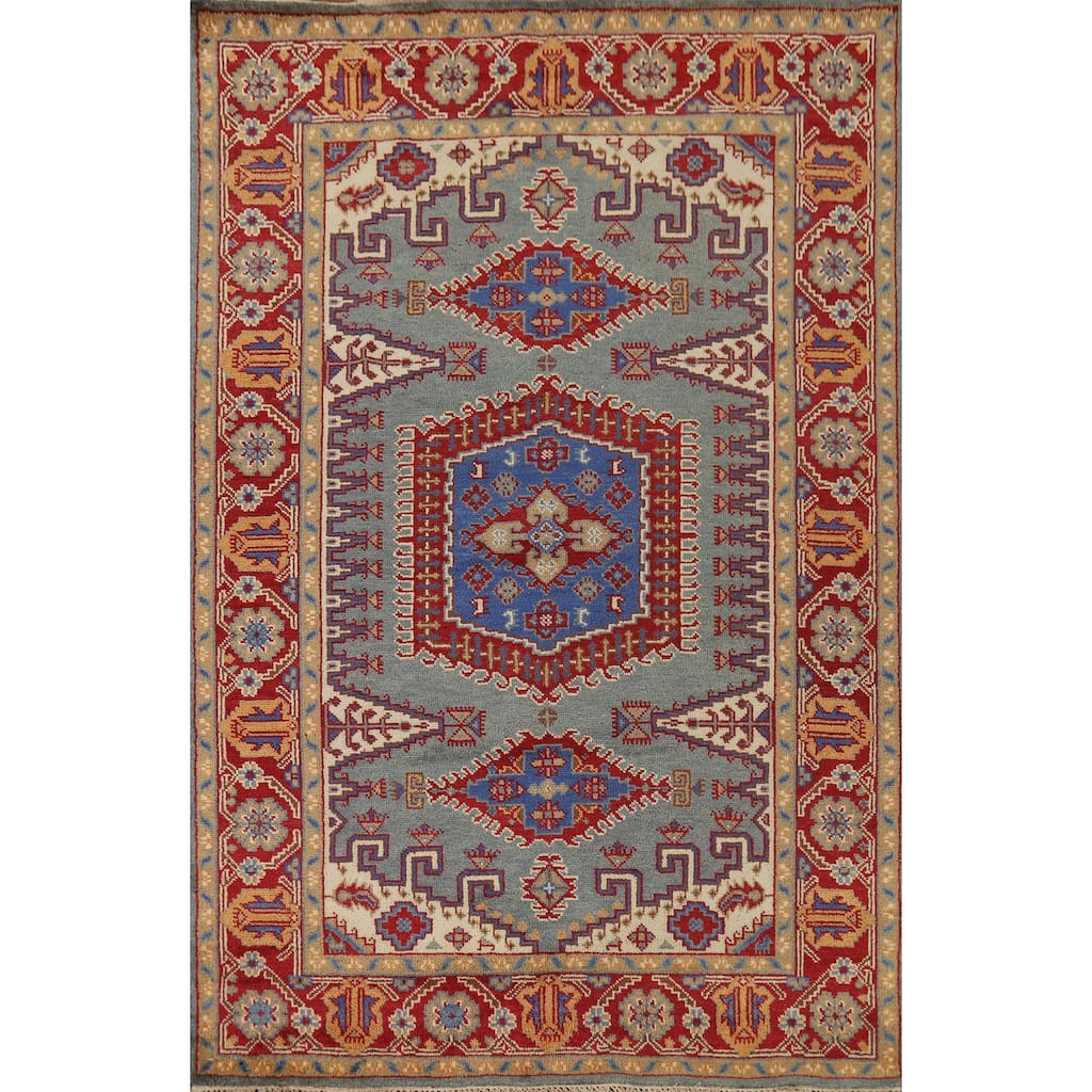Geometric Heriz Serapi Indian Area Rug Hand-Knotted Blue Wool Carpet - 6'0" x 9'0"