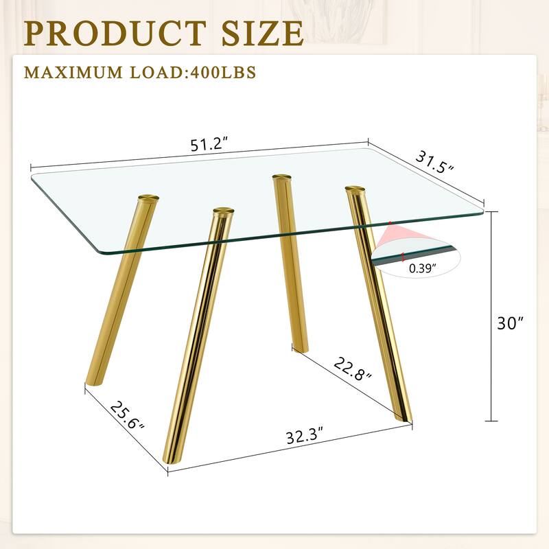 51-Inch Tempered Glass Dining Table with Sturdy Metal Legs