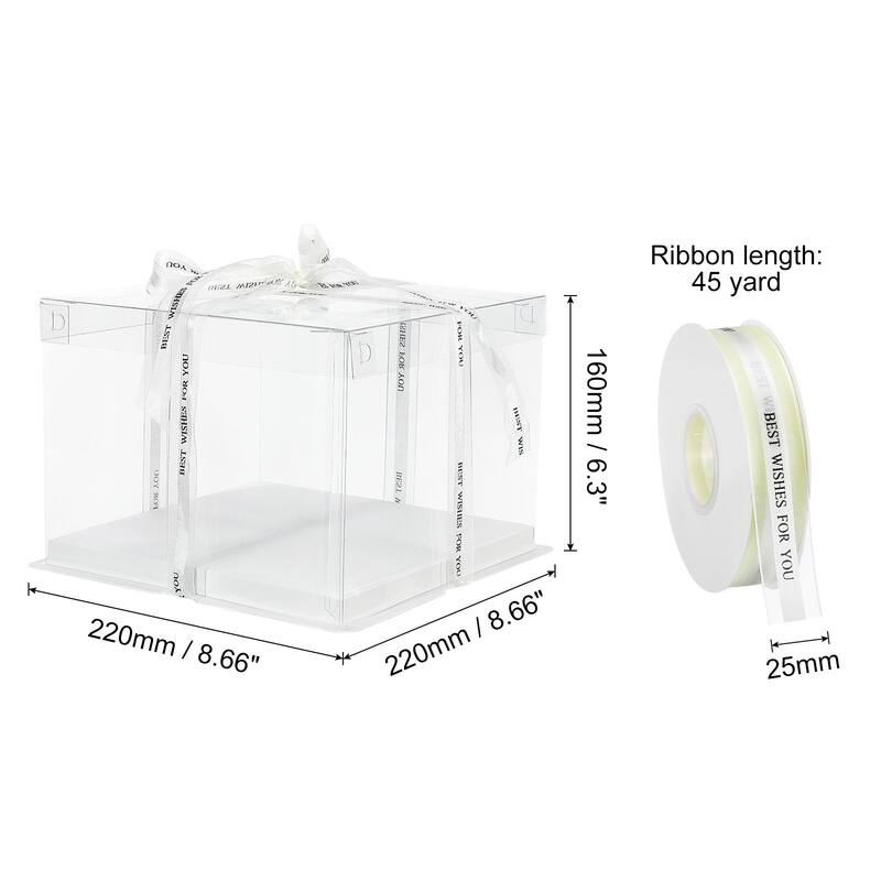 Clear Cake Box with Ribbon, 6Pcs 7"x7"x5" for 4 Inch Cake Packing - White - 9"x9"x6"