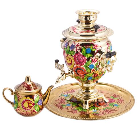 Golden Garden Hand-Painted Electric Russian Samovar Set w/ Tray & Teapot