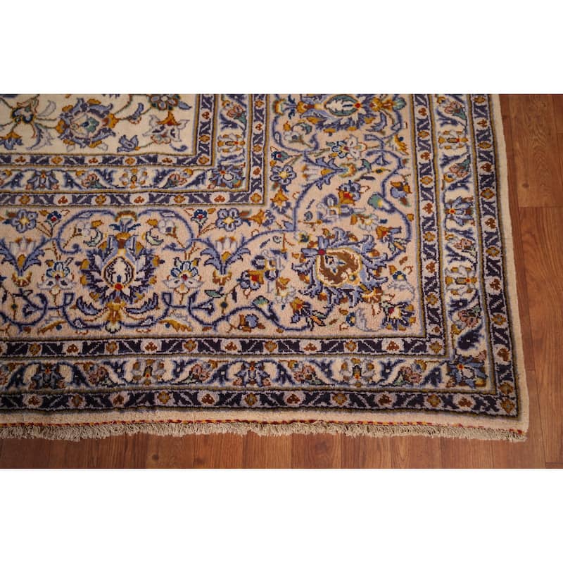 Ivory Floral Kashan Persian Vintage Area Rug Handmade Wool Carpet - 9'10"x 13'2"
