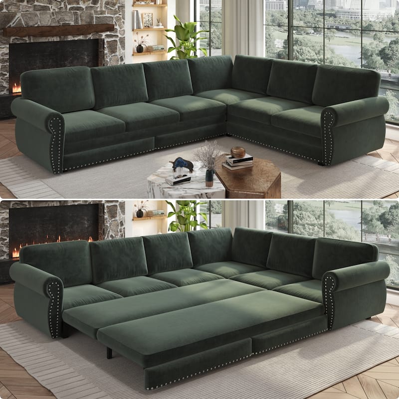 L-Shaped Sofa Couch with Pull-Out Bed, Convertible Sleeper Sofa with Nailhead Trim & Rolled Arms, Chenille Upholstered Couch - Green