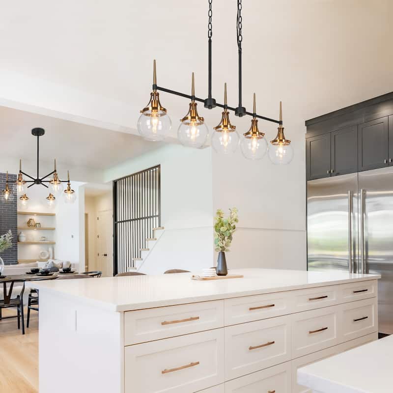 Beta Modern 5-Light Linear Glass Chandelier Black Gold Kitchen Island Light for Dining Room - 36'' L x 4.9'' W x 20.2'' H