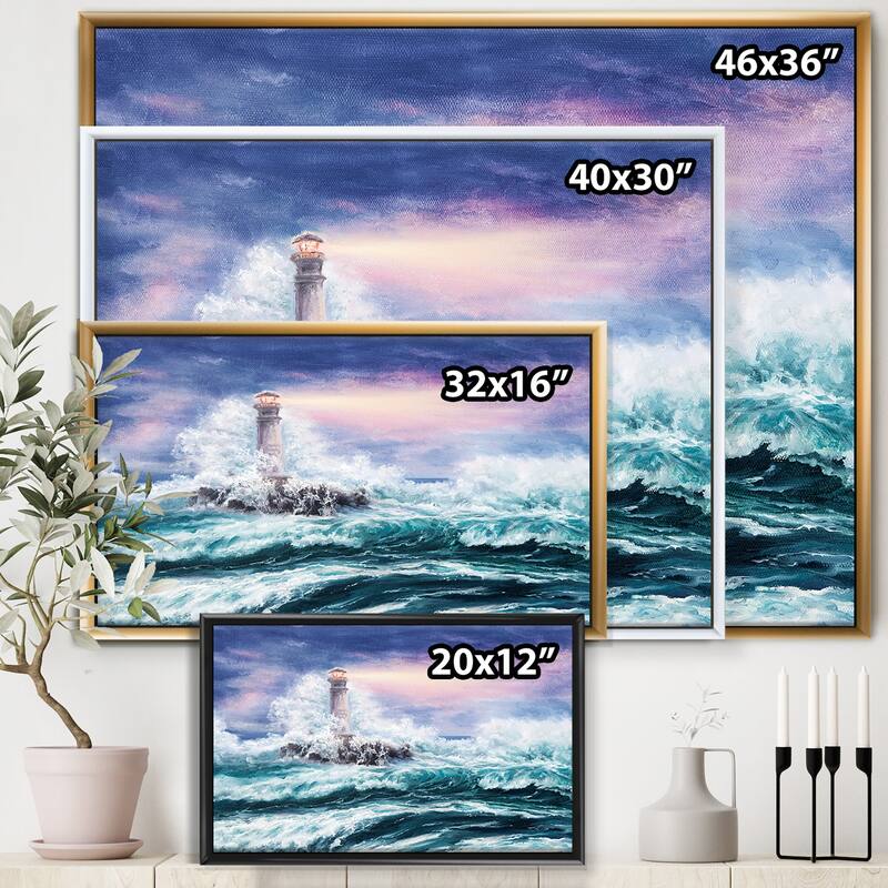 Designart "Lighthouse Wild Blue Ocean Waves" Nautical & Coastal Framed Canvas Wall Art Print