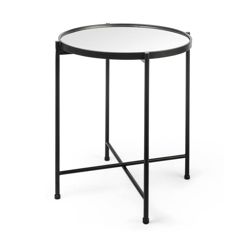 HomeRoots 24" Silver and Black Mirrored Glass and Iron Round End Table - 19.69 in. x 24.21 in. x 19.69 in.