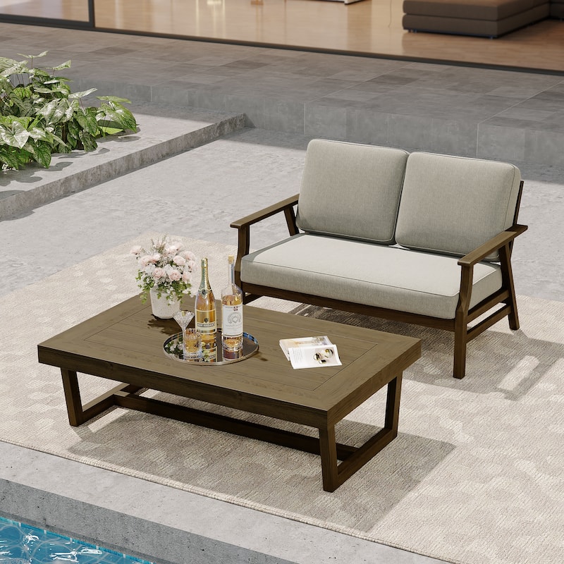 Modern Wood Outdoor Patio Sofa Loveseat with Cushion - Loveseat Set - Light Camel
