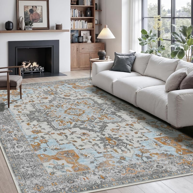 Dusty Blue Vintage Persian Style Distressed Area Rug