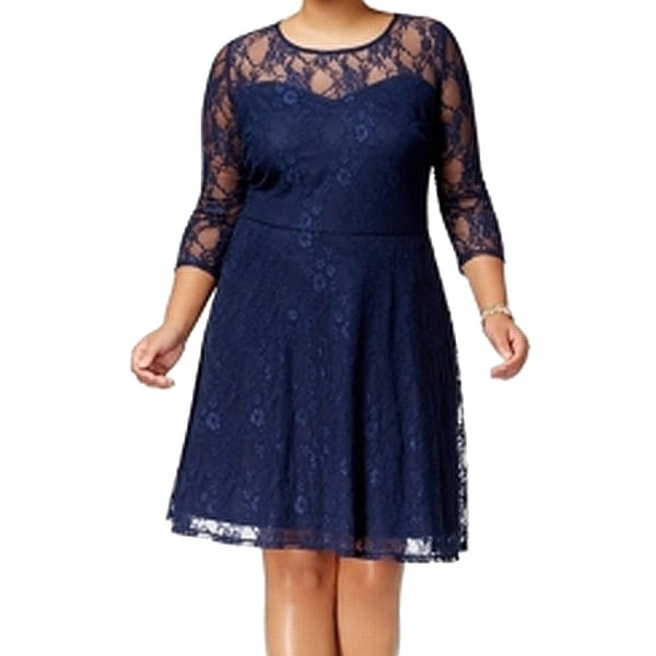 Love Squared Blue Womens Size 1X Plus Lace Illusion Skater Dress