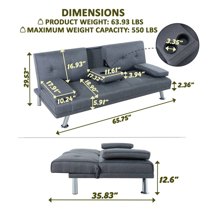 Convertible Futon Sofa Bed with Armrests & Cupholders - Faux Leather Reclining Couch for Small Spaces
