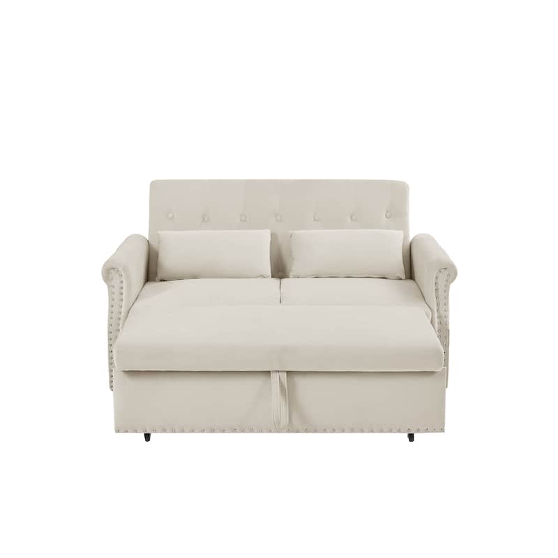 Velvet Pull Out Loveseat Sofa Convertible Sleeper Loveseat Bed with 2 Pillows Rivet Arm Lounge Couch Tufted Sofa