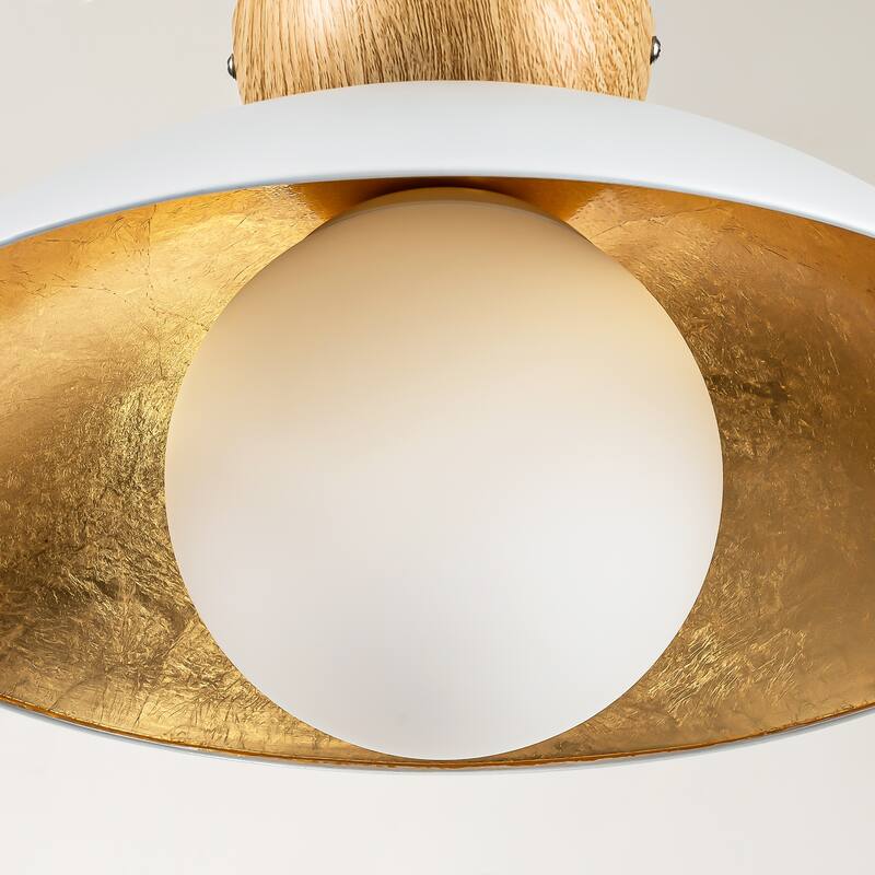 14.5 in. 1-Light Black/White Finish Wood Gold Leaf Dome Semi-Flush Mount Light with Opal Glass Globe