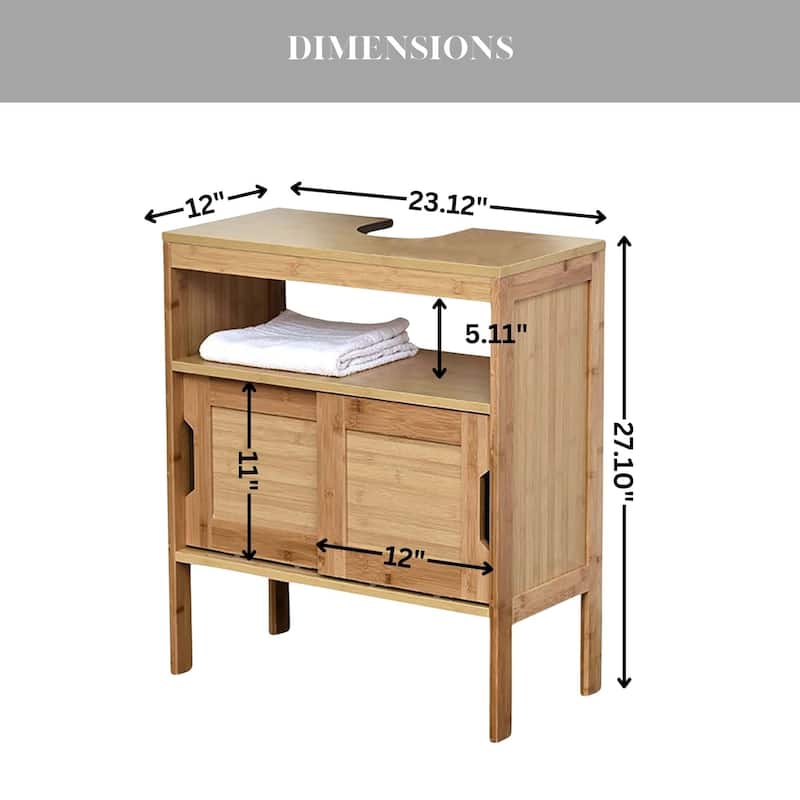 Bamboo Under-Sink Cabinet with Open Shelf and Sliding Doors Mahe Collection - 27.10"H x 23.12"W x 12"D