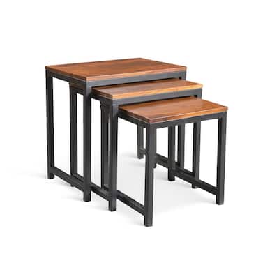 Handmade Reclaimed Seesham Wood and Iron Nesting Table, Set of 3 (India) - Largest table: 21.75"W x 15.75"D x 24"H