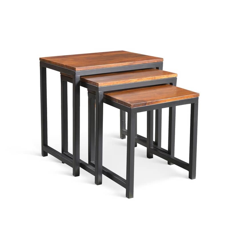 Handmade Reclaimed Seesham Wood and Iron Nesting Table, Set of 3 (India) - Largest table: 21.75"W x 15.75"D x 24"H