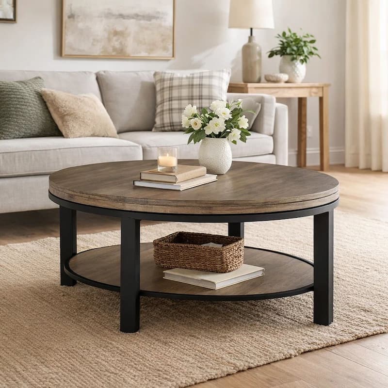 Cyon 40 Inch Round Coffee Table, Black Metal Frame, Gray Wood, Open Shelf