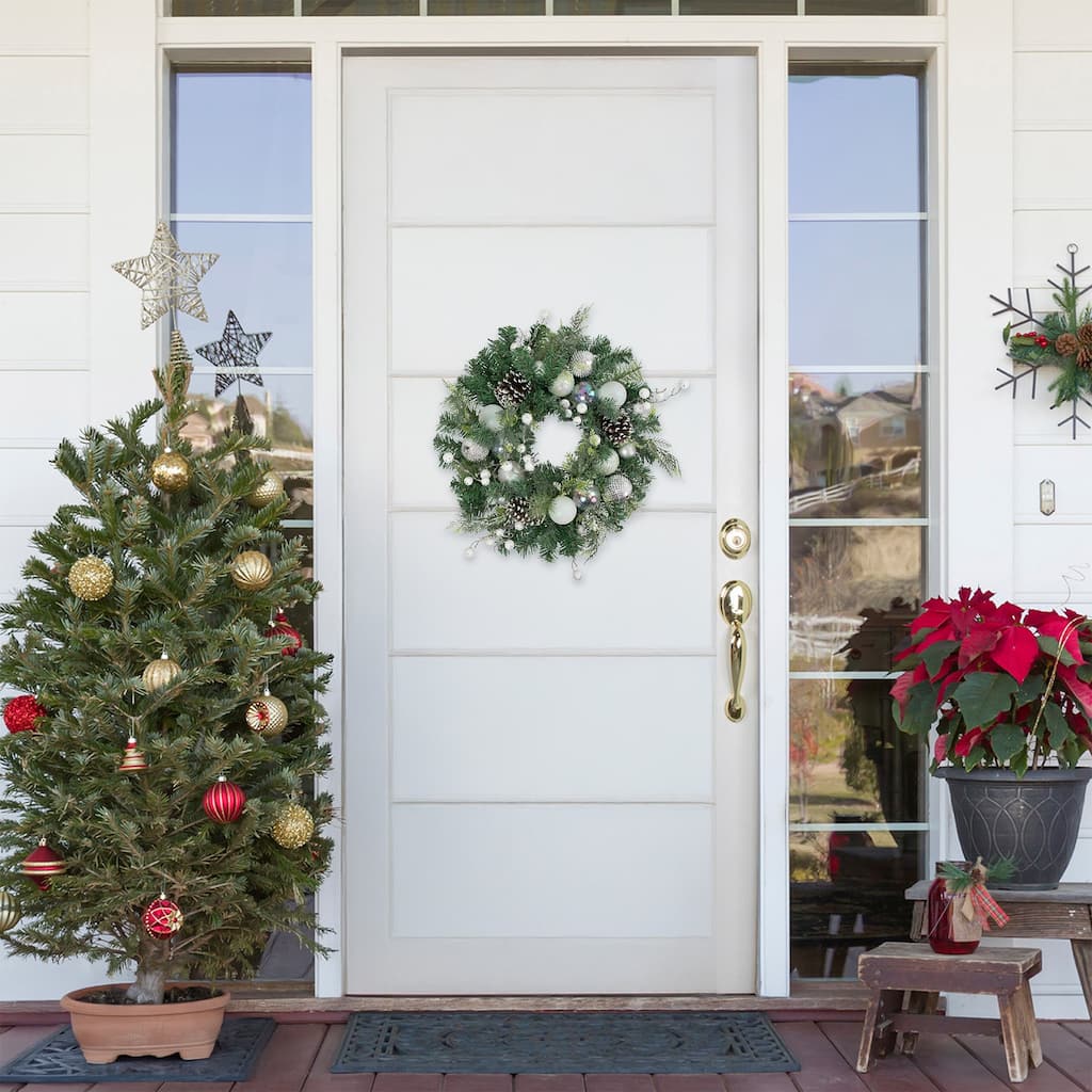 Green Pine Artificial Wreath Berries Iridescent Ornaments 24"