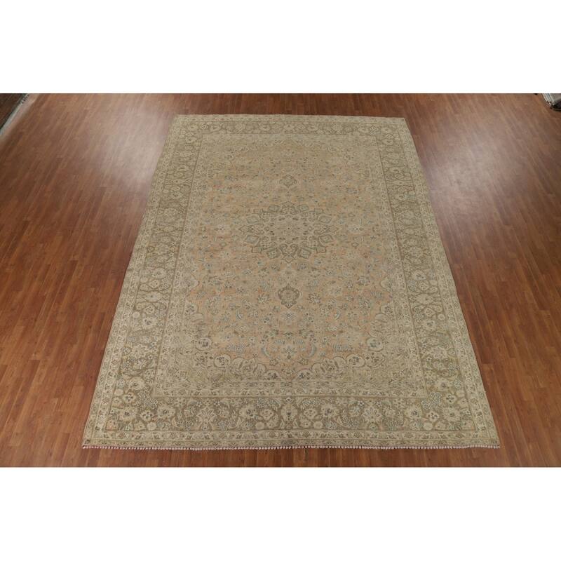 Distressed Kashan Vintage Persian Area Rug Hand-Knotted Wool Carpet - 9'8" x 13'0"