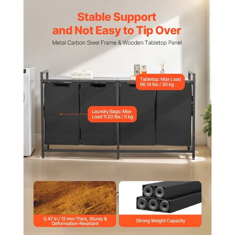 4-Compartment Laundry Hamper with Waterproof Fabric Bags and Carbon Steel Frame 48.68 Gal Capacity - 51.65 x 12.99 x 27.95 in