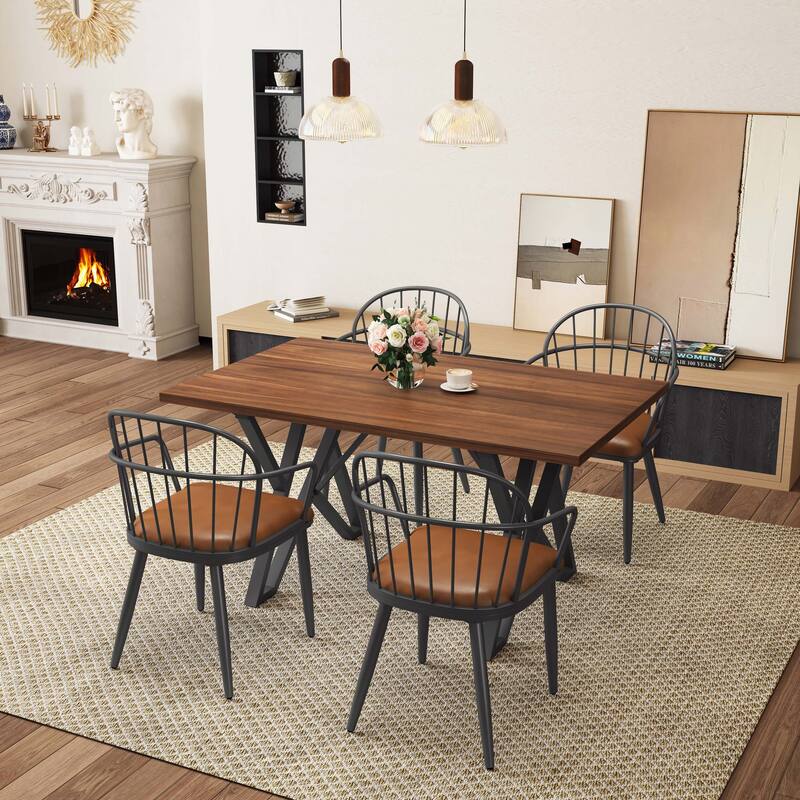 Christopher Knight Home - Indoor 5-Piece Dining Set With Metal Legs - Brown+Walnut+Black