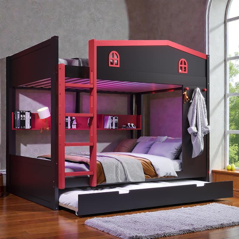 Solid Wood Bunk Bed with Trundle and Storage Shelves, Full Over Full/Queen Over Queen Bunk Bed with Hooks