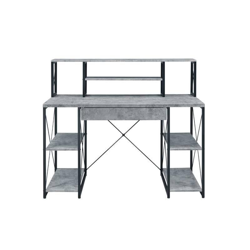 Wood Computer Desk with Black Metal Base, Drawer and 6 Shelves