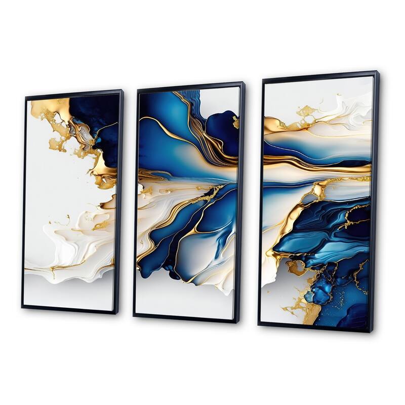 Designart "Abstract Geode Gold And Blue Marble Shape III" Modern Geometric Framed Canvas Art Print - 3 Panels