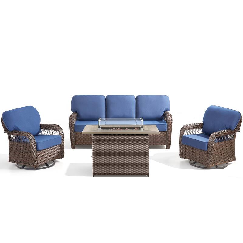 Pocassy Outdoor Fire Table with Swivel Chair Sofa Funiture Set.