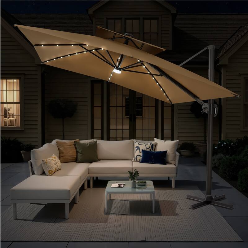 VredHom Double Top 10x10 FT Square Patio Cantilever Umbrella with Weight Base - Tan