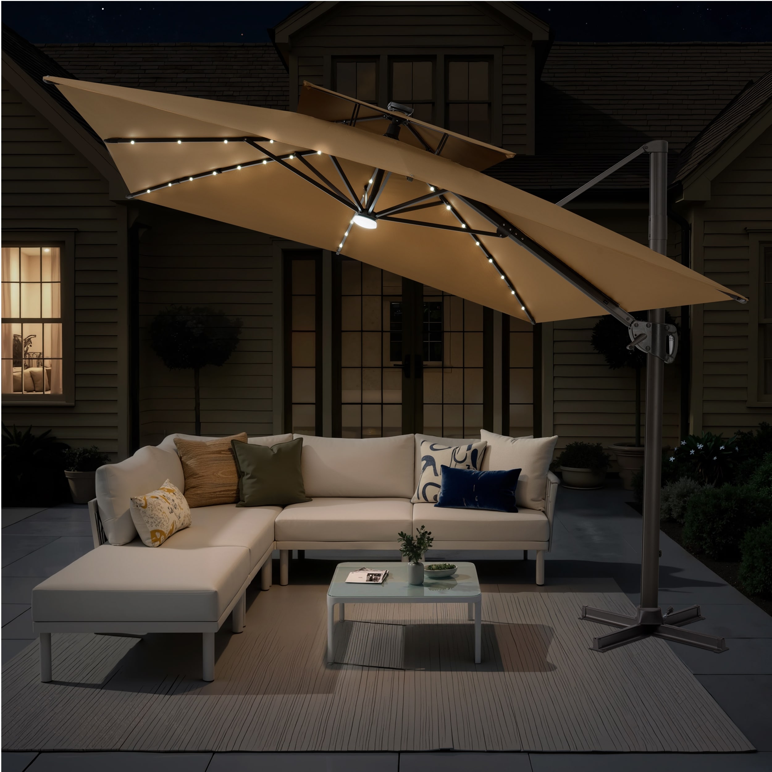 12 x 9 FT Outdoor Patio Aluminum Cantilever Umbrella with Solar Lights Double Canopy