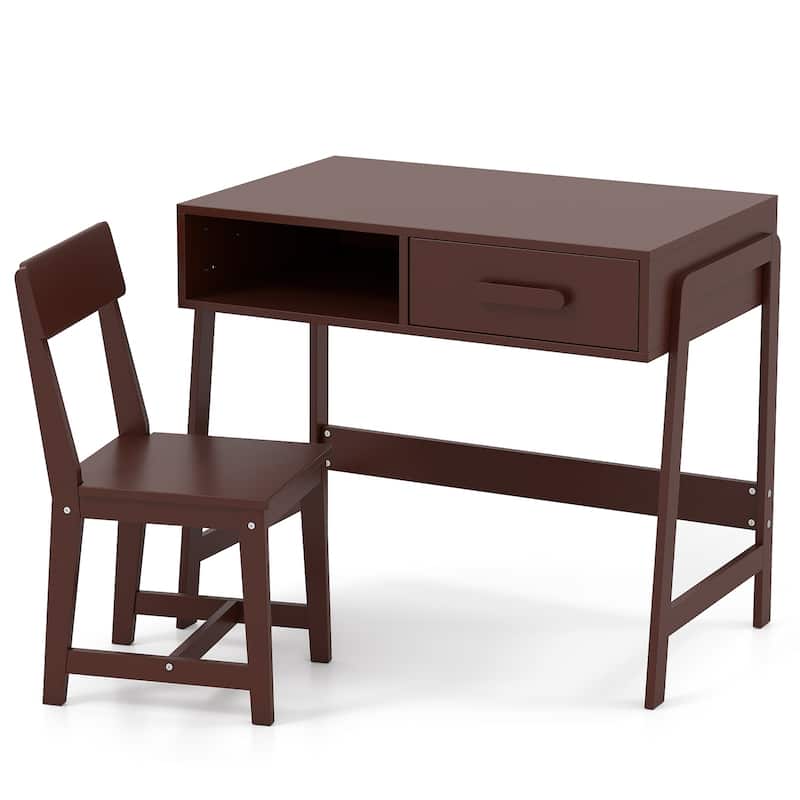 Kids Study Table and Chair Set with Storage Drawer and Hutch and Pine Wood Frame for 3 Over Years Old - 33.5" x 19" x 27.5"