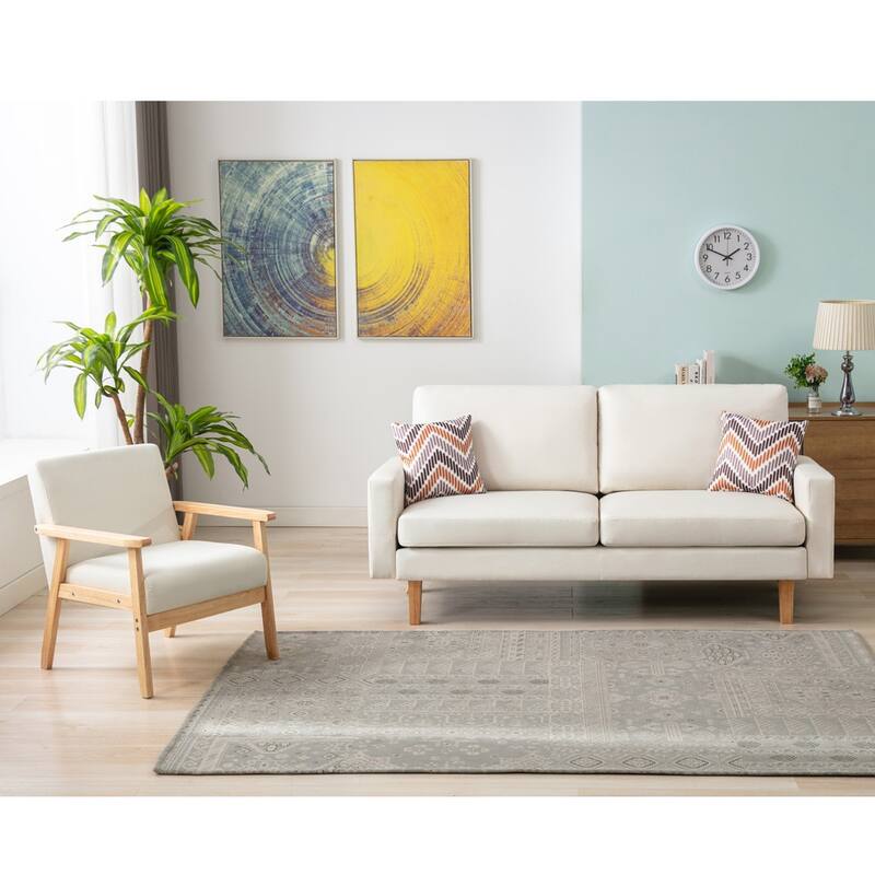 Linen Sofa and Chair Set with 2 Throw Pillows - Beige