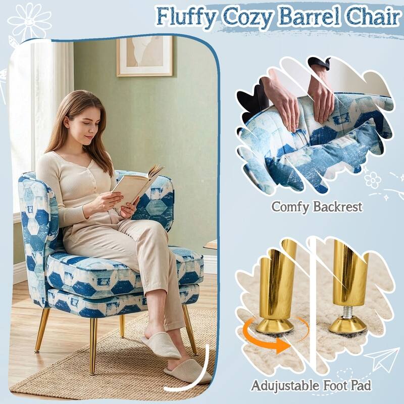 Mid Century Modern Upholstered Reading Chair with Lumbar Pillow, Gold Metal Legs, Small Space Friendly for Living Room Bedroom