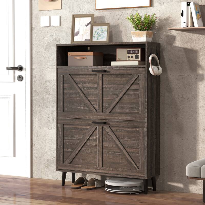 Shoe Storage Cabinet with Barn Door, Freestanding Wooden Shoe Organizer, Shoe Rack with 2 Flip Drawers & Adjustable Shelves