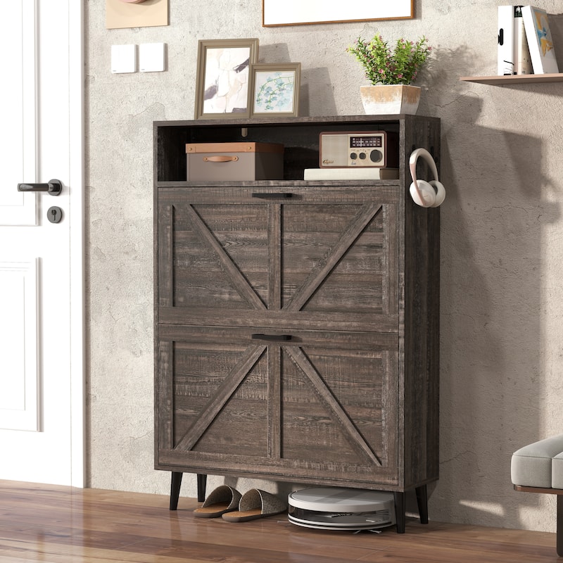 Shoe Storage Cabinet with Barn Door Design,Shoe Organizer with 2 Flip Drawers,Freestanding Narrow Shoe Rack Cabinet with Hooks