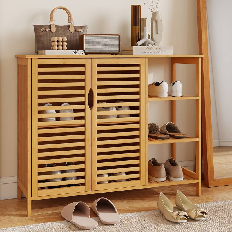 Gymax Bamboo Bathroom Cabinet 2-Door Storage Organizer w/ Shelves