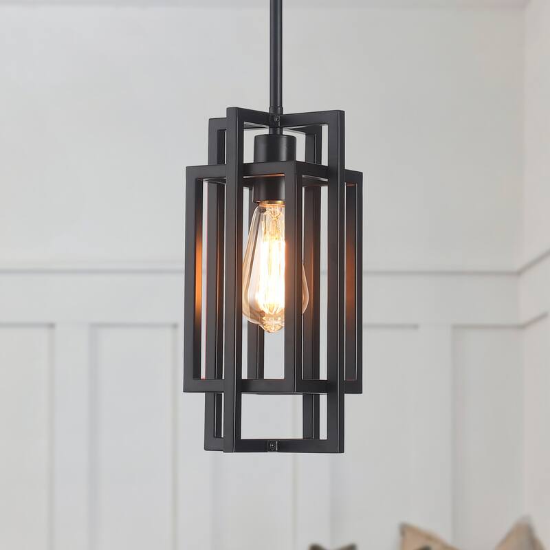 Open Metal Frame Classic Traditional Chandelier, Rustic Farmhouse 1 -Light Pendant for Dining Living Room, Kitchen - Black