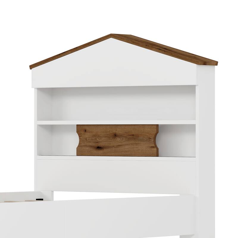 Twin Size Platform Bed with Two Drawers,Sturdy Wood Bed Frame with House Shaped Storage Headboard