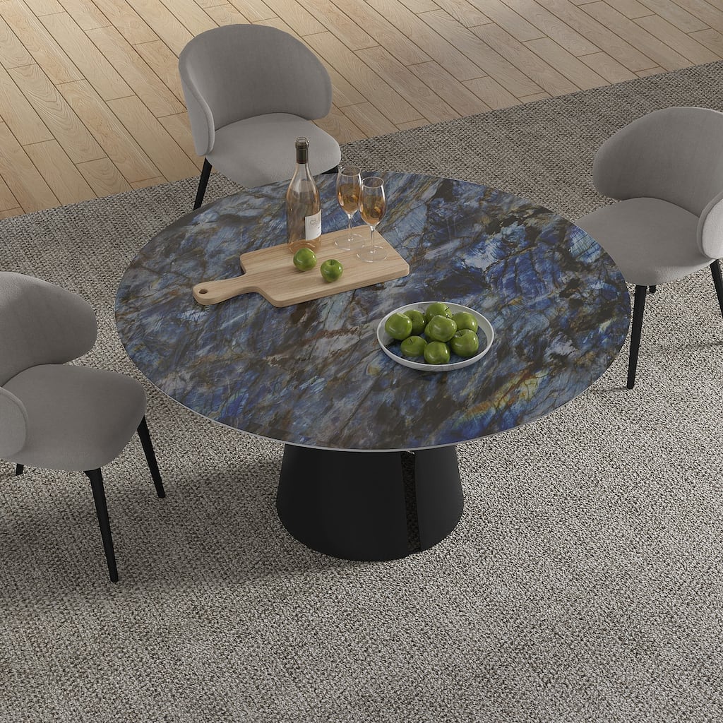 Modern Stone Table Top Carbon Steel Black Pedestal Base Dining Table