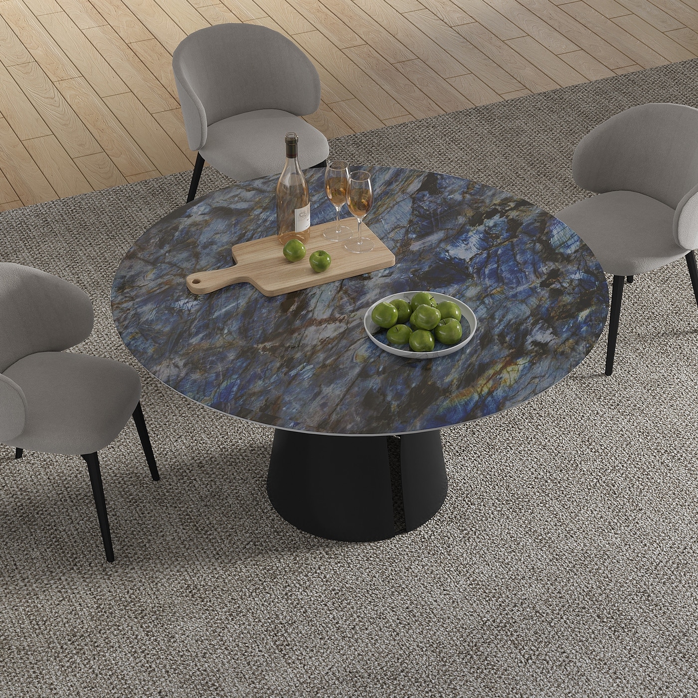 Modern Stone Table Top Carbon Steel Black Pedestal Base Dining Table