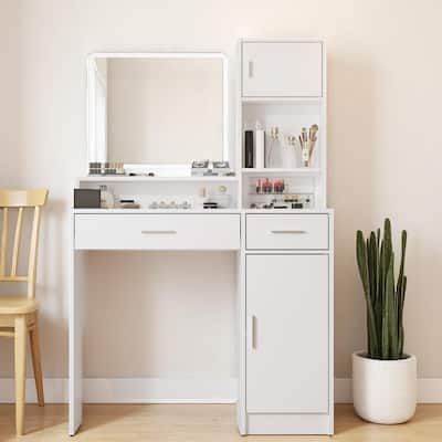 35.4" Vanity Desk with Mirror & LED Light Strip, Large Drawer and 3-Tier Storage, Adjustable Lighting Modes