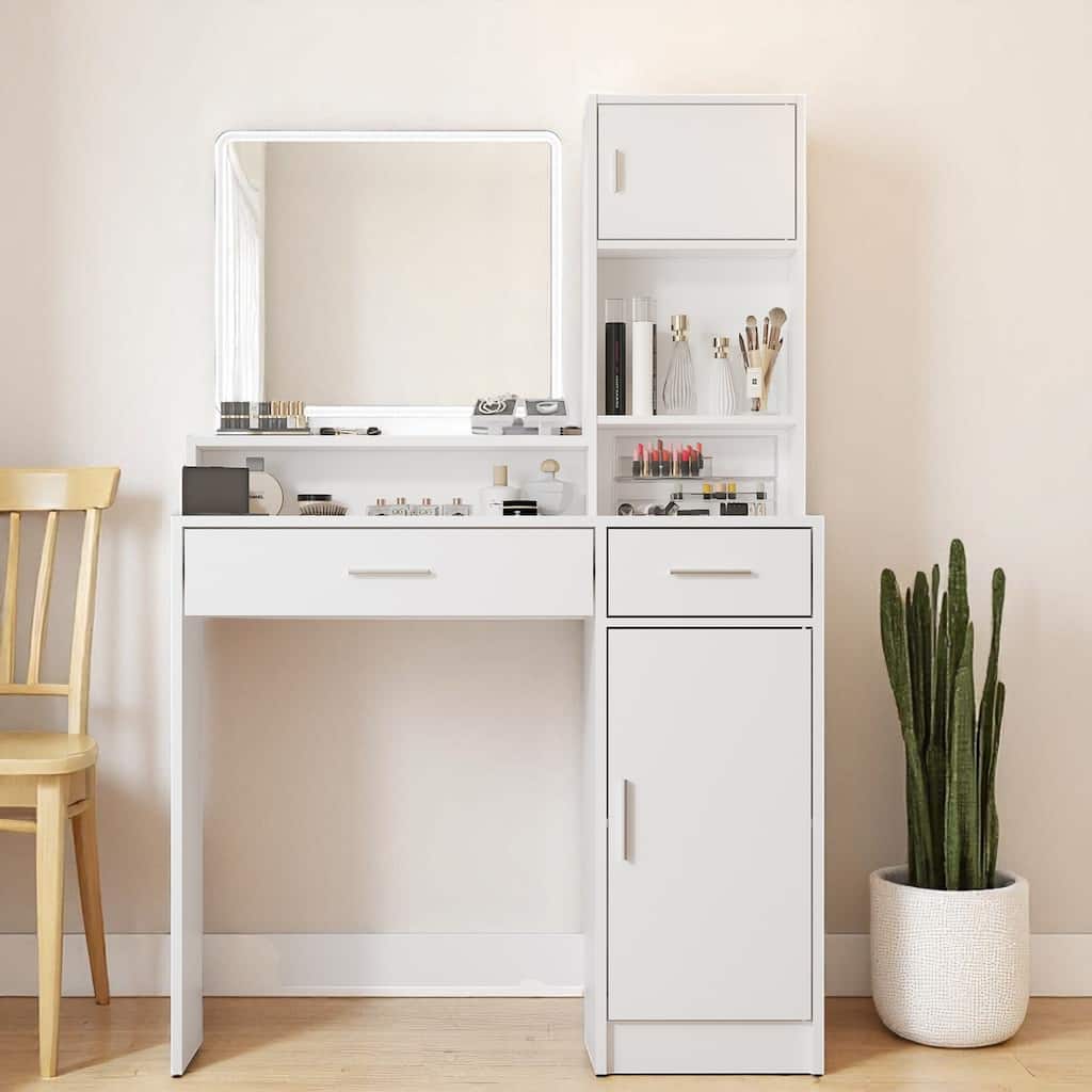 35.4" Vanity Desk with Mirror & LED Light Strip, Large Drawer and 3-Tier Storage, Adjustable Lighting Modes