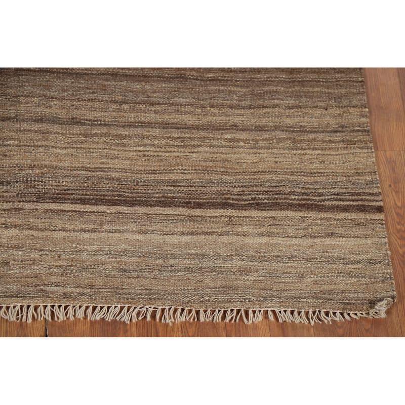 All-Over Striped Brown Kilim Persian Area Rug Handmade Wool Carpet - 5'0"x 6'6"
