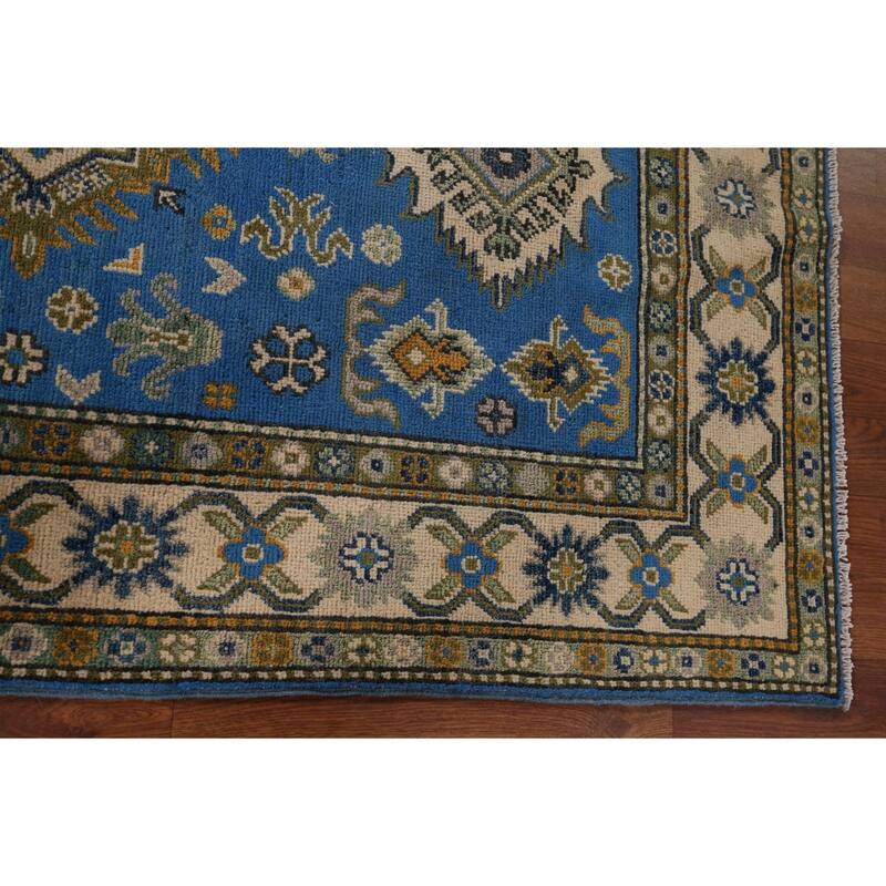 Blue Geometric Kazak Rug Handmade Oriental Wool Carpet - 3'4" x 5'0"