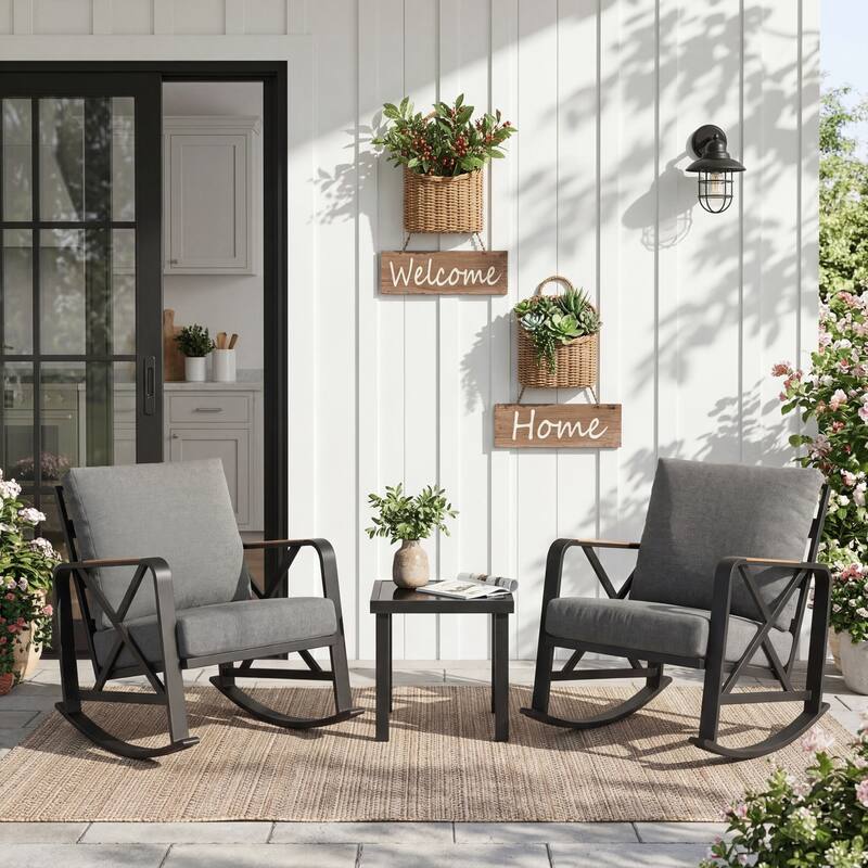 2-person Outdoor Rocking Chair Set With Table And Cushions - Black