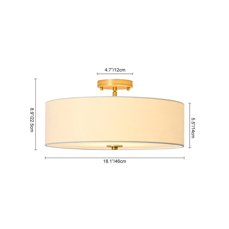 French Country Brass Round White Linen Drum Ceiling Light