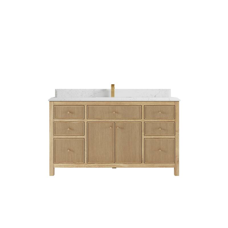 Willow Collections 60 in. W x 22 in. D Sonoma Teak Wood Single Sink Bathroom Vanity with Countertop - 1.5" Empira White - Light Natural