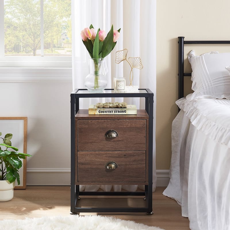 Javlergo 2-Drawer Nightstand with Tempered Glass Top, Set of 2