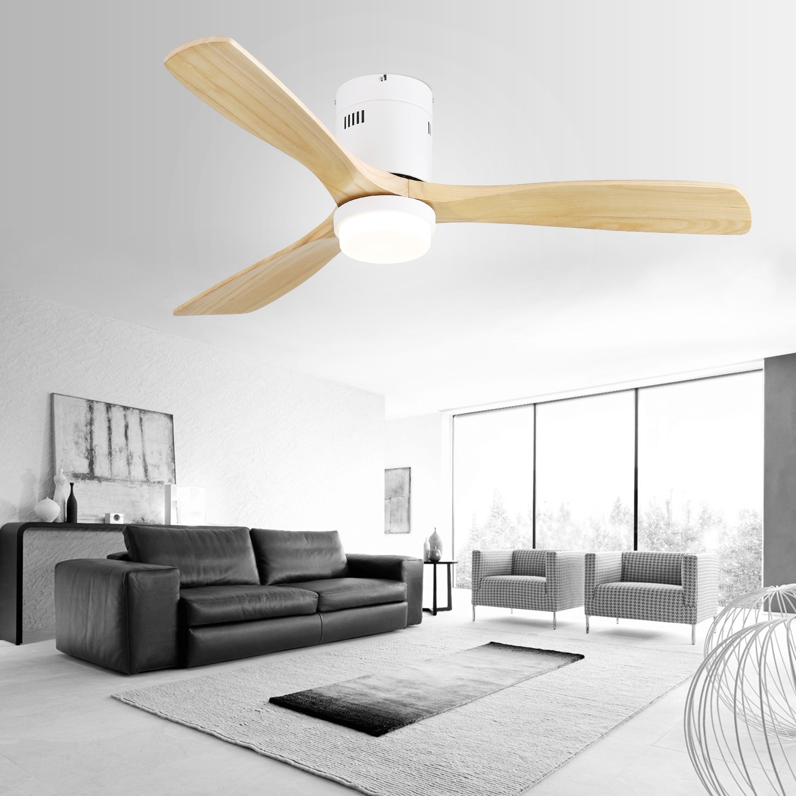 52 Inch Low Profile Flush Mount Ceiling Fan with Light and Remote,Solid Wood Blades
